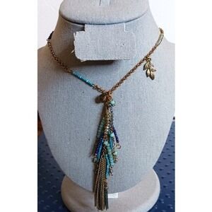 Unbranded Beaded Tassel Necklace Womens Blue Gold Tone Boho Leaf Charm